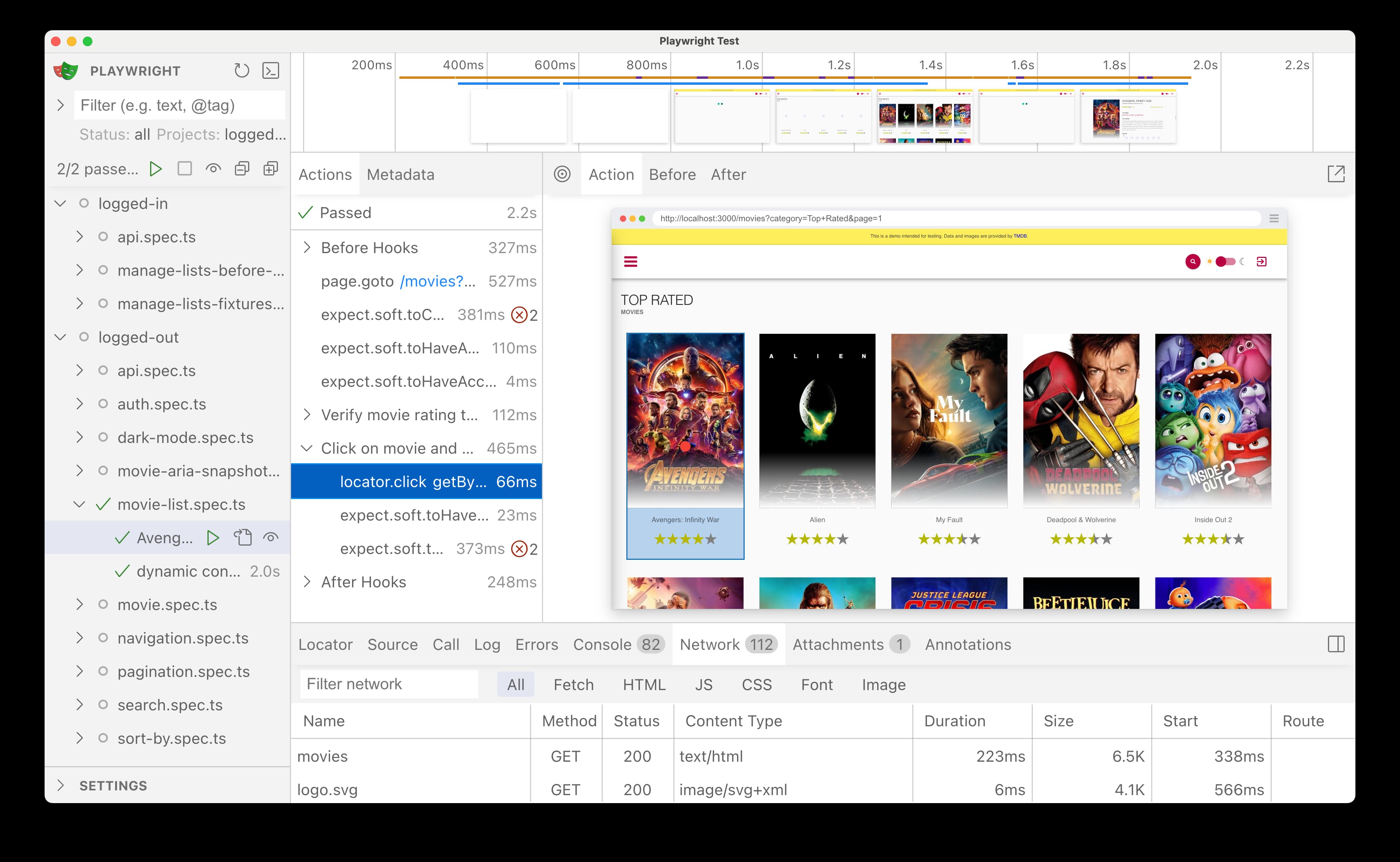 Playwright UI Mode with the Movies app timeline and page snapshot