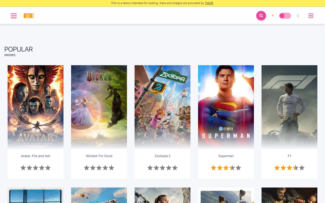 Movies app home page showing popular movie posters
